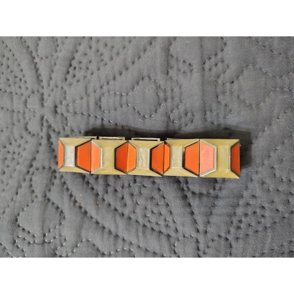 Vintage Geometric Stretch Link Bracelet Orange Cream Silver Tone Art Deco Style